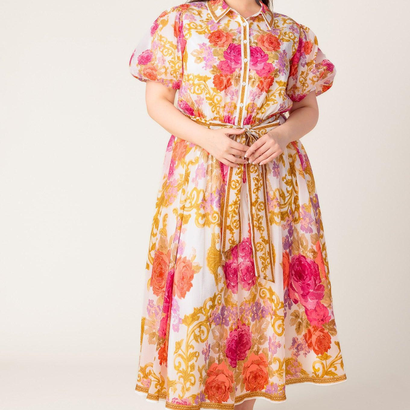 GARDEN TAPESTRY IVORY FLORAL WOVEN MIDI DRESS