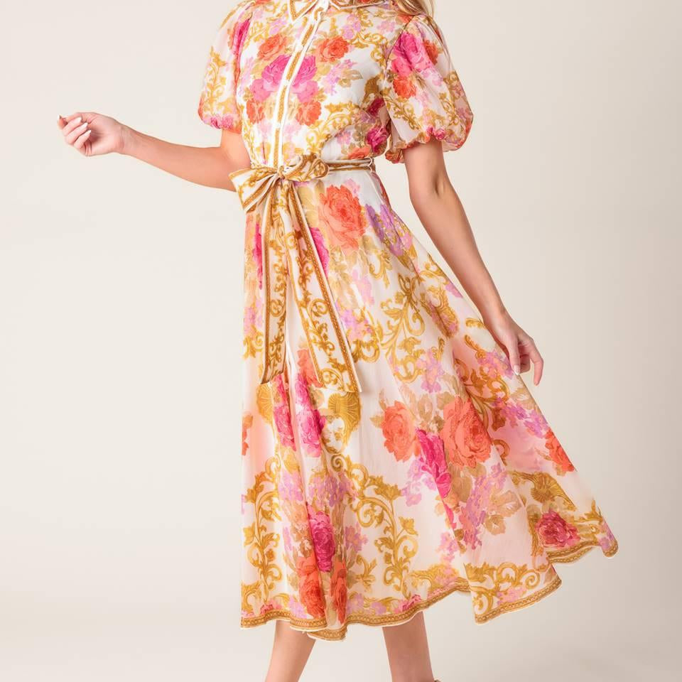 GARDEN TAPESTRY IVORY FLORAL WOVEN MIDI DRESS