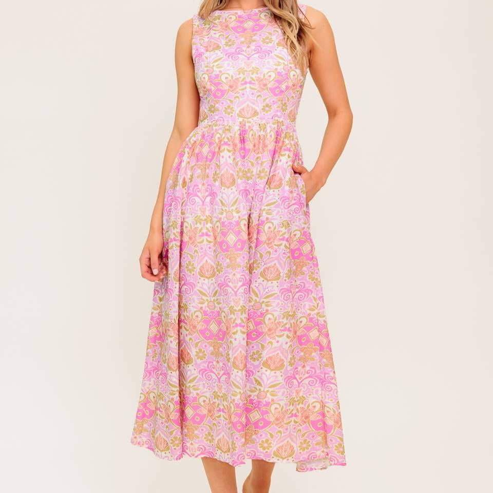UNDER THE SUN PINK WOVEN MIDI DRESS