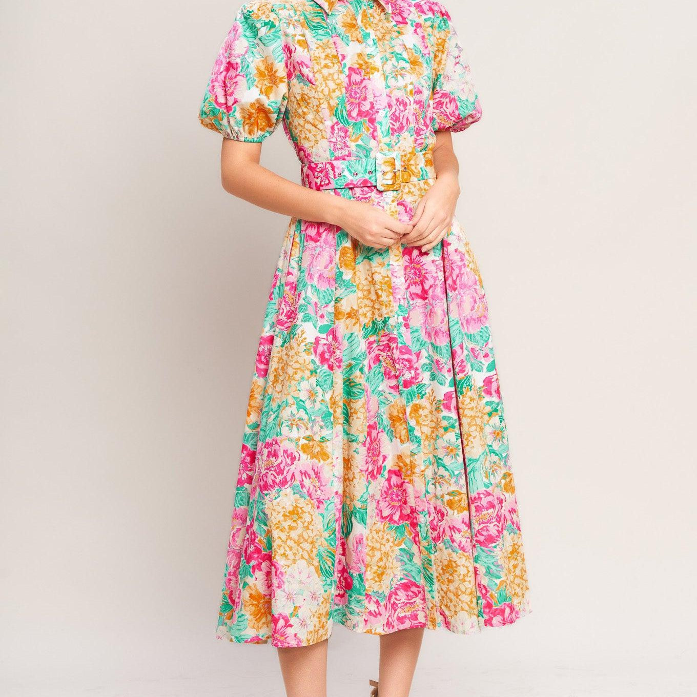 BLOOMING GARDEN WOVEN MIDI DRESS