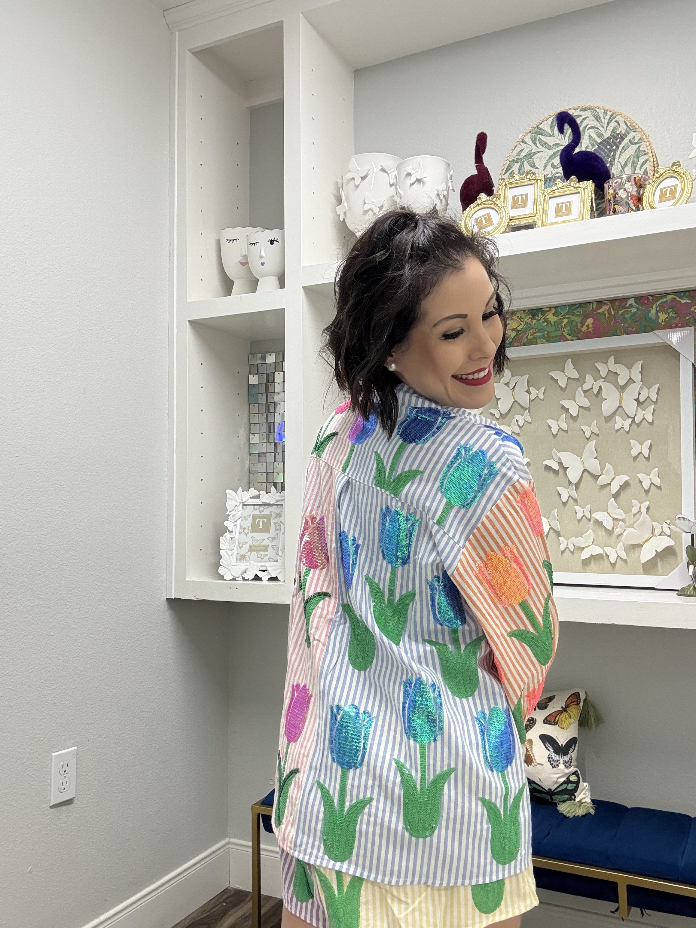 QOS Striped Colorblock Sequin Tulip Button Up Cotton Long Sleeve Top