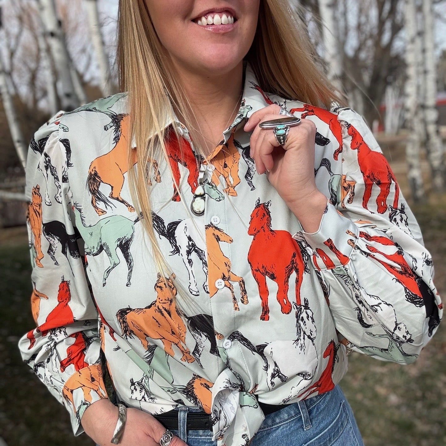Off To The Races Horse Print Blouse - Mint