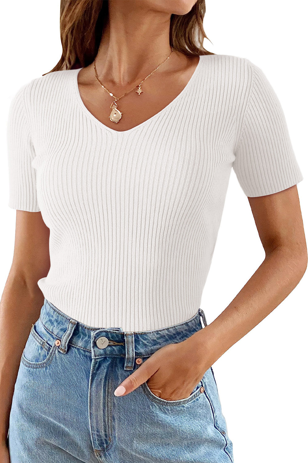 Tricia- V Neck Ribbed Knit Lightweight Short Sleeve Sweater