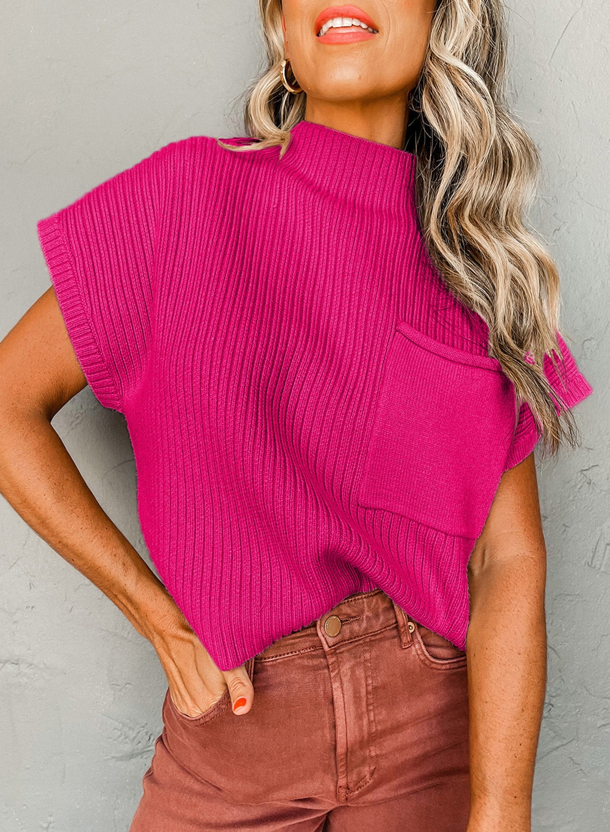 Ollie-Patch Pocket Ribbed Knit Short Sleeve Sweater