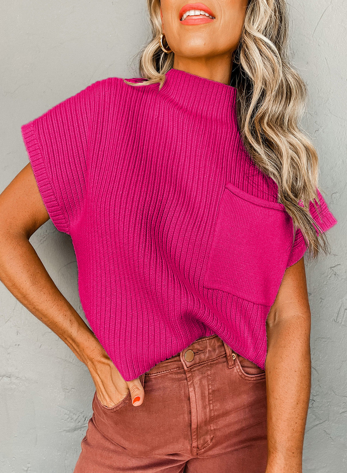 Ollie-Patch Pocket Ribbed Knit Short Sleeve Sweater
