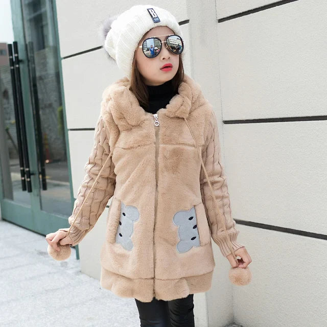 Lovely little bear Winter Girls clothing Faux Fur Fleece Coat Warm Jacket, Snowsuit Outerwear Children kids Clothes parka