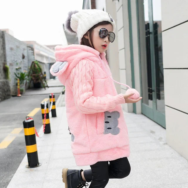 Lovely little bear Winter Girls clothing Faux Fur Fleece Coat Warm Jacket, Snowsuit Outerwear Children kids Clothes parka