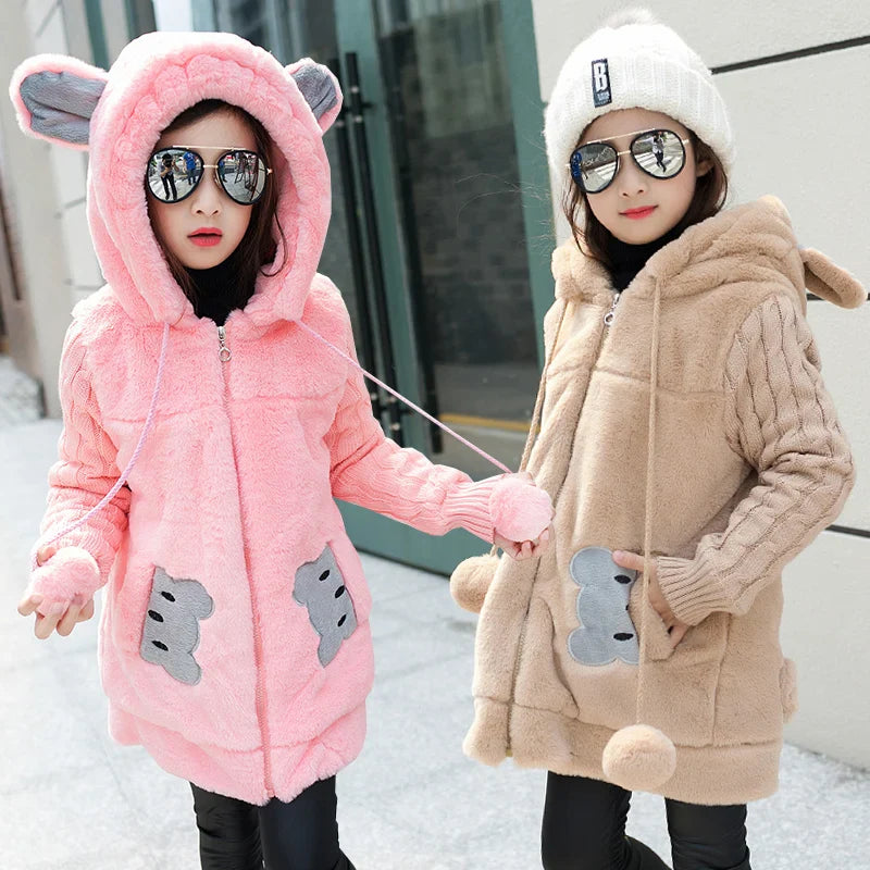Lovely little bear Winter Girls clothing Faux Fur Fleece Coat Warm Jacket, Snowsuit Outerwear Children kids Clothes parka