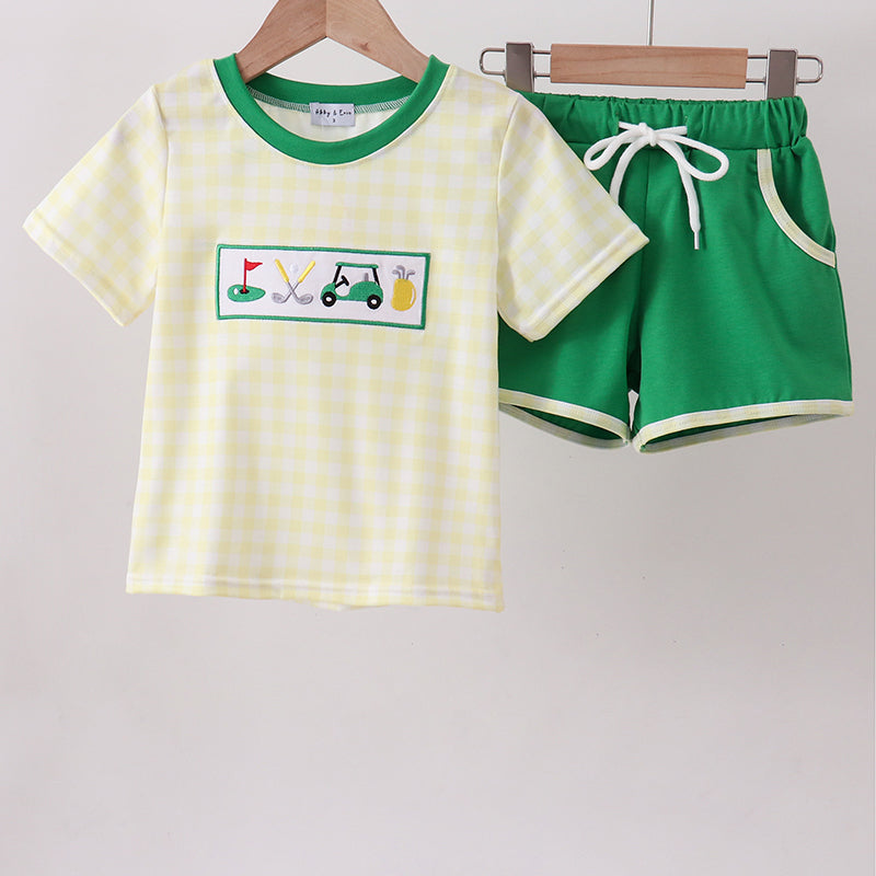 Yellow golf smocked gingham shorts set