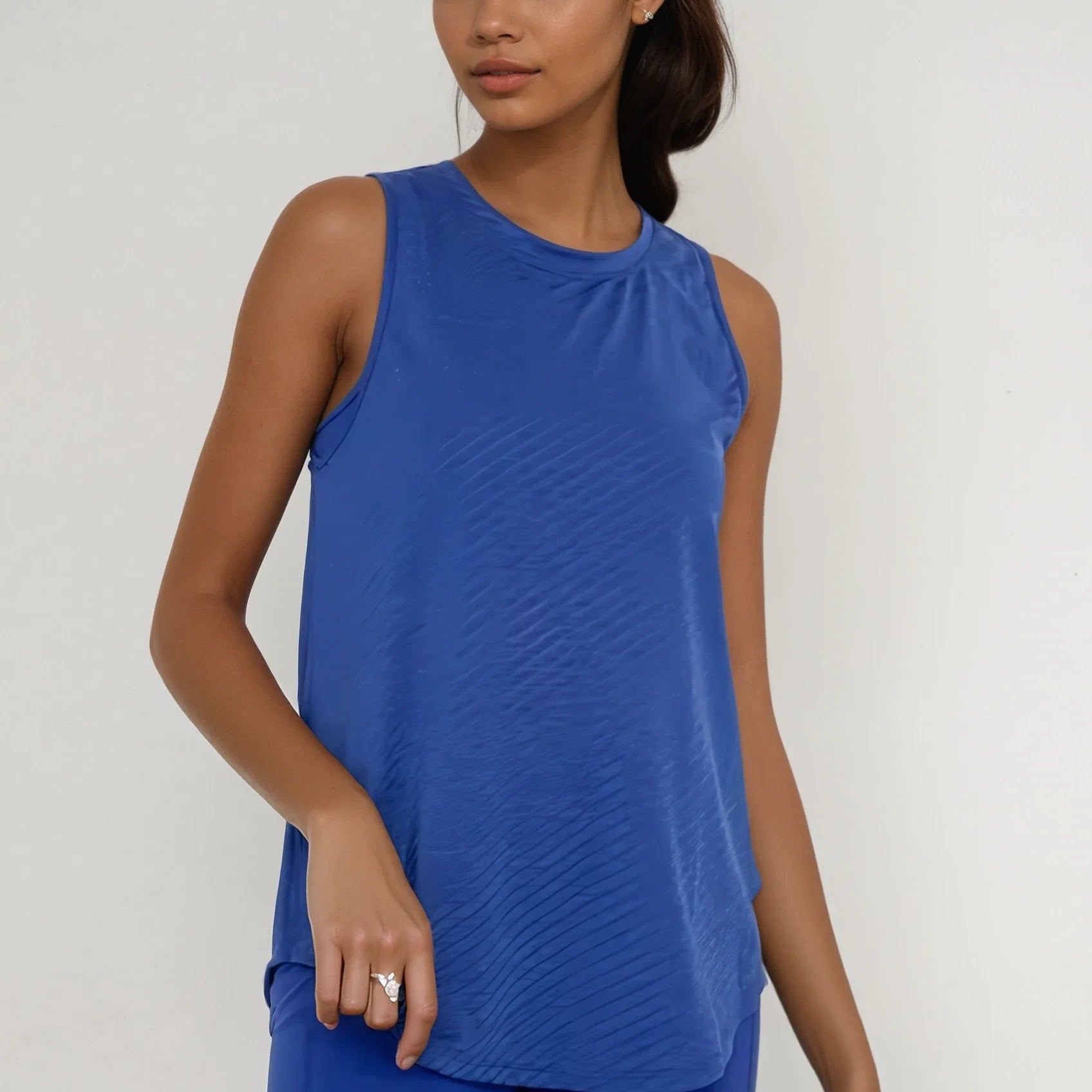 Sheer Striped Mesh Active Tank with Cut-Out Back Blue