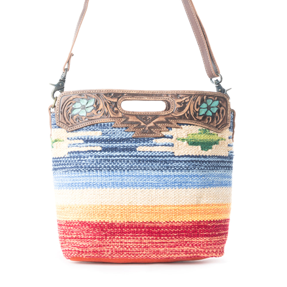 Myra Azure Petals Woven Crossbody Bag with Handtooled Leather â€“ Multicolor Embroidery, Adjustable Strap & Cutout Handle