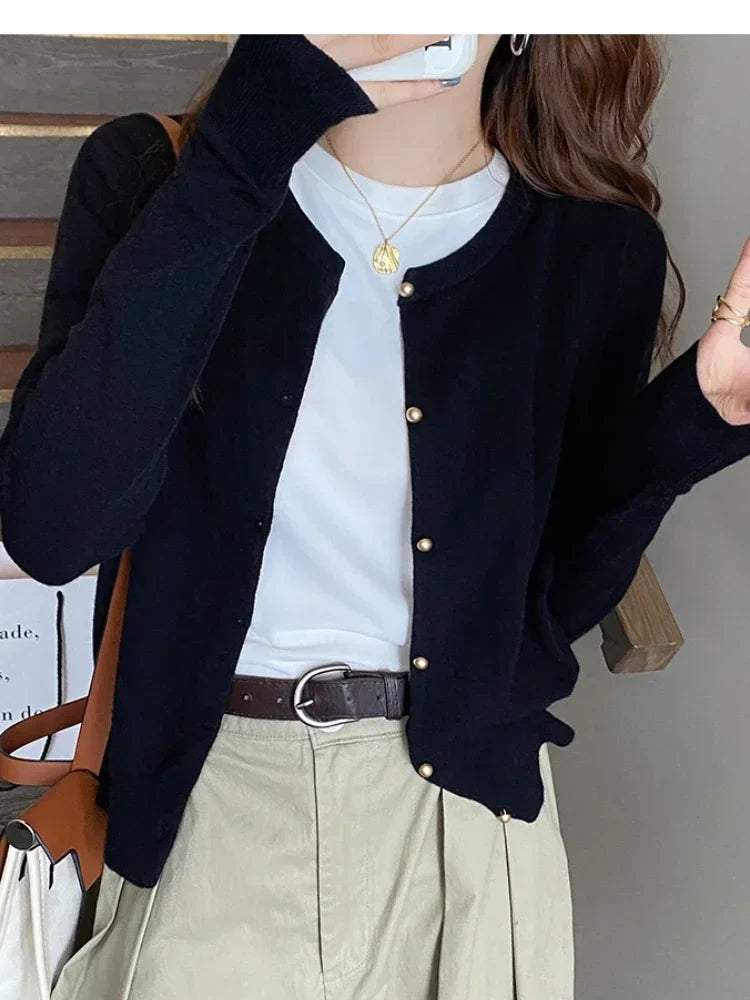 Women Cardigan Korean Single Breasted Long Sleeve Jumper Woman Round Neck All Match Cardigans Outwear