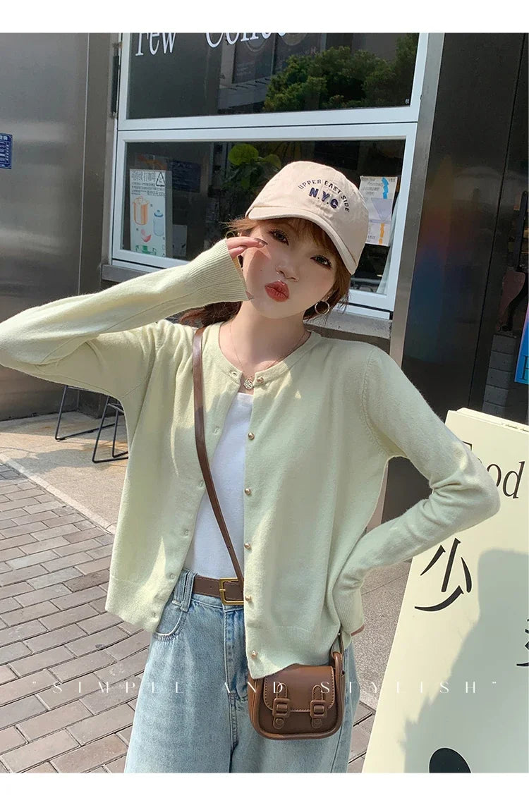 Women Cardigan Korean Single Breasted Long Sleeve Jumper Woman Round Neck All Match Cardigans Outwear