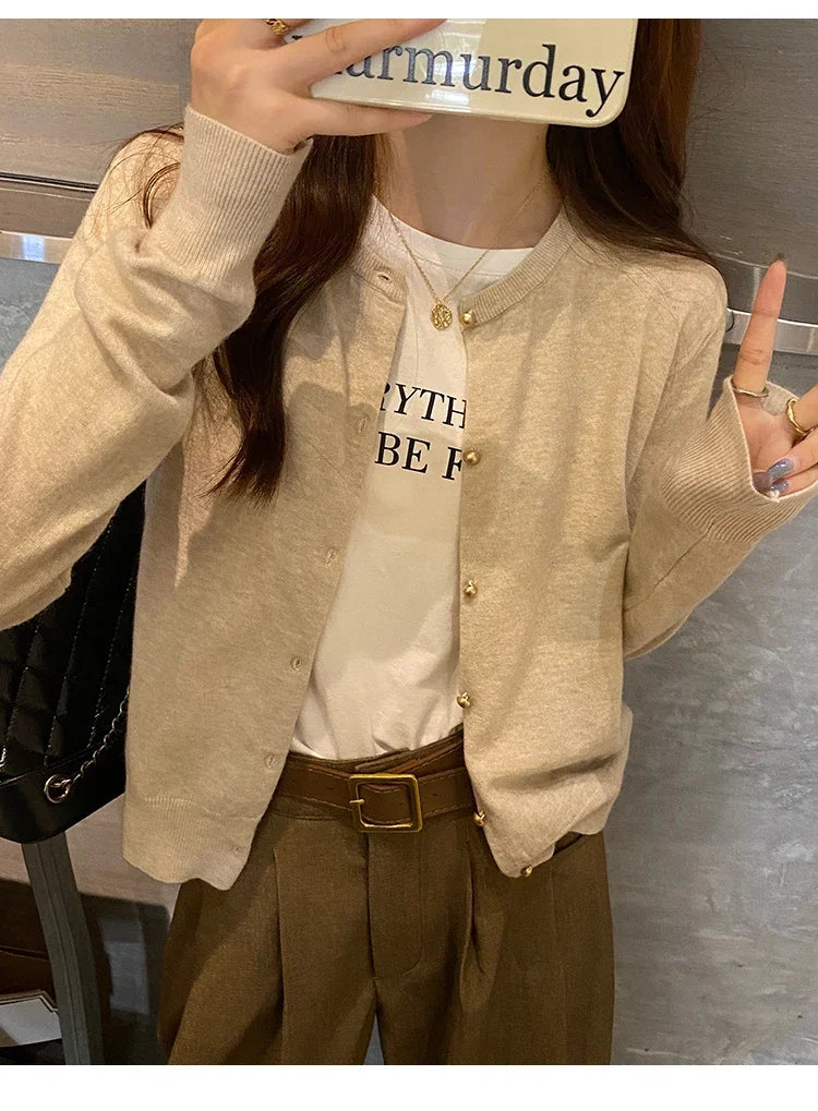 Women Cardigan Korean Single Breasted Long Sleeve Jumper Woman Round Neck All Match Cardigans Outwear