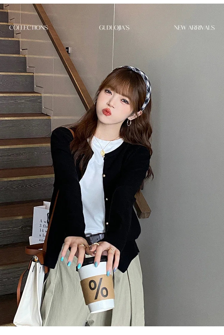 Women Cardigan Korean Single Breasted Long Sleeve Jumper Woman Round Neck All Match Cardigans Outwear