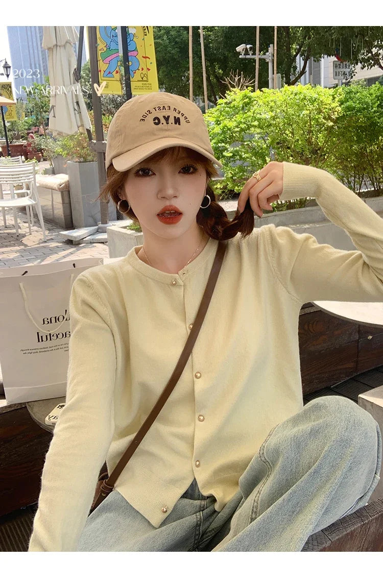 Women Cardigan Korean Single Breasted Long Sleeve Jumper Woman Round Neck All Match Cardigans Outwear