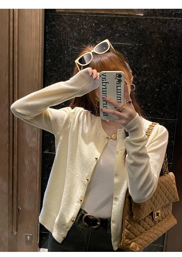 Women Cardigan Korean Single Breasted Long Sleeve Jumper Woman Round Neck All Match Cardigans Outwear