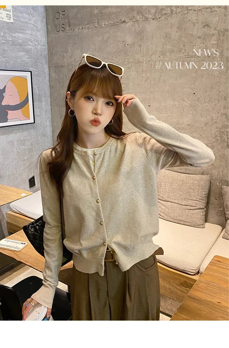 Women Cardigan Korean Single Breasted Long Sleeve Jumper Woman Round Neck All Match Cardigans Outwear