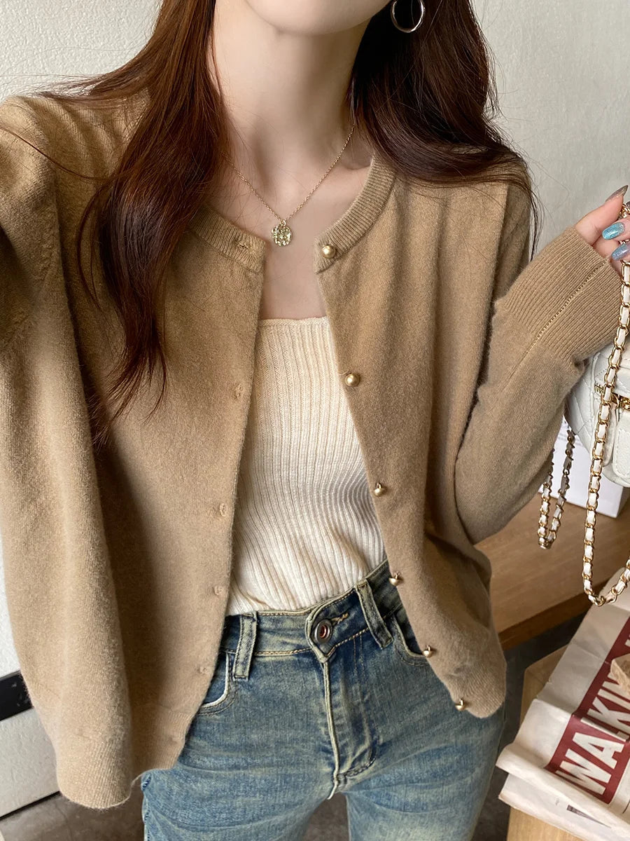 Women Cardigan Korean Single Breasted Long Sleeve Jumper Woman Round Neck All Match Cardigans Outwear