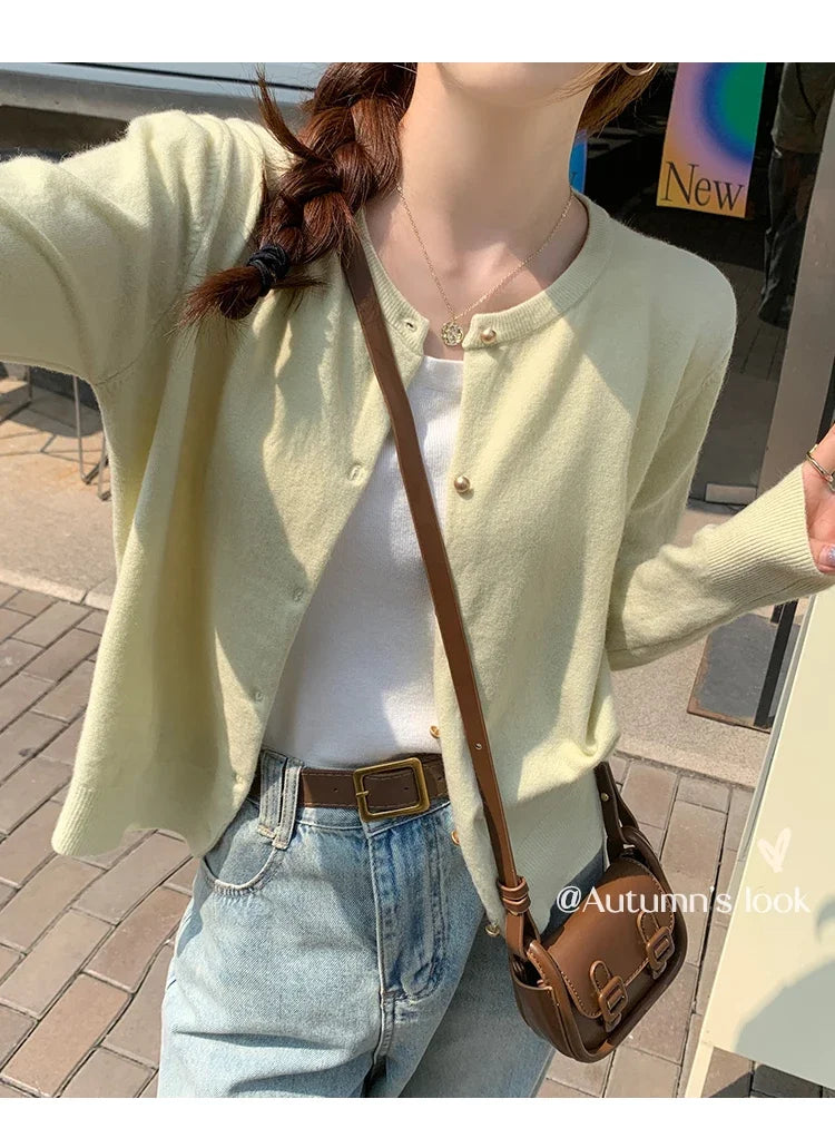 Women Cardigan Korean Single Breasted Long Sleeve Jumper Woman Round Neck All Match Cardigans Outwear