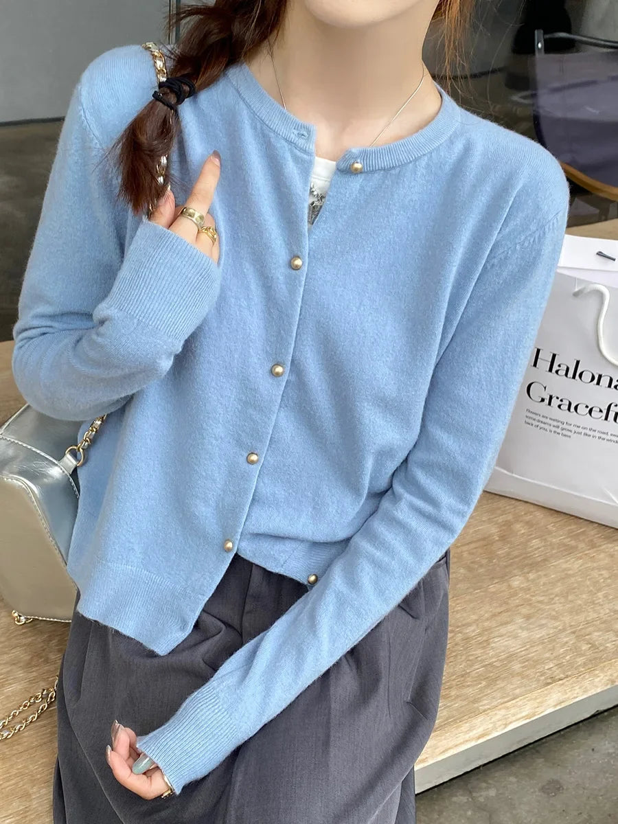 Women Cardigan Korean Single Breasted Long Sleeve Jumper Woman Round Neck All Match Cardigans Outwear