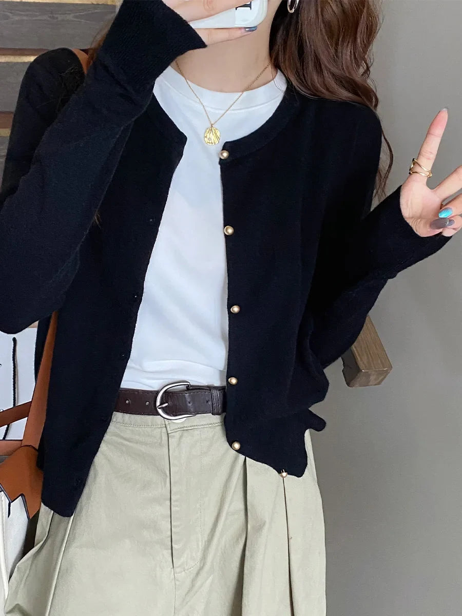 Women Cardigan Korean Single Breasted Long Sleeve Jumper Woman Round Neck All Match Cardigans Outwear