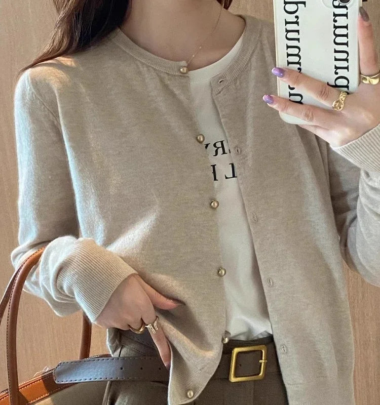Women Cardigan Korean Single Breasted Long Sleeve Jumper Woman Round Neck All Match Cardigans Outwear