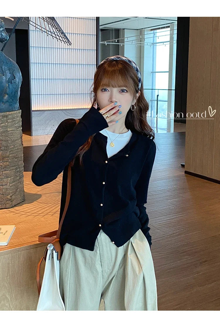 Women Cardigan Korean Single Breasted Long Sleeve Jumper Woman Round Neck All Match Cardigans Outwear