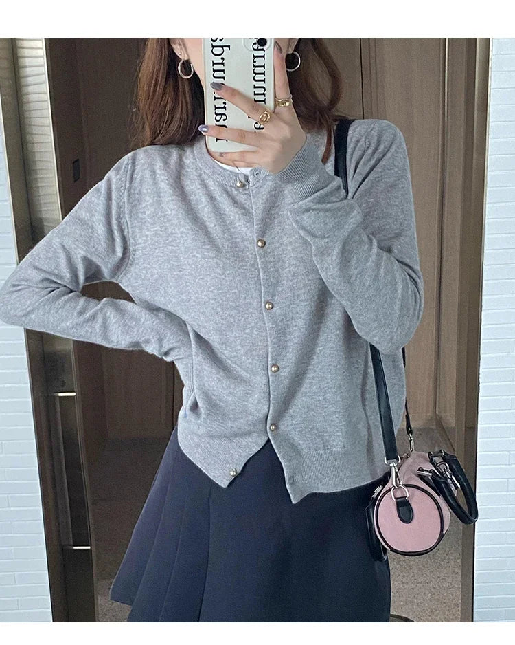 Women Cardigan Korean Single Breasted Long Sleeve Jumper Woman Round Neck All Match Cardigans Outwear