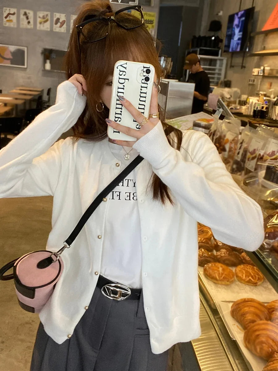 Women Cardigan Korean Single Breasted Long Sleeve Jumper Woman Round Neck All Match Cardigans Outwear