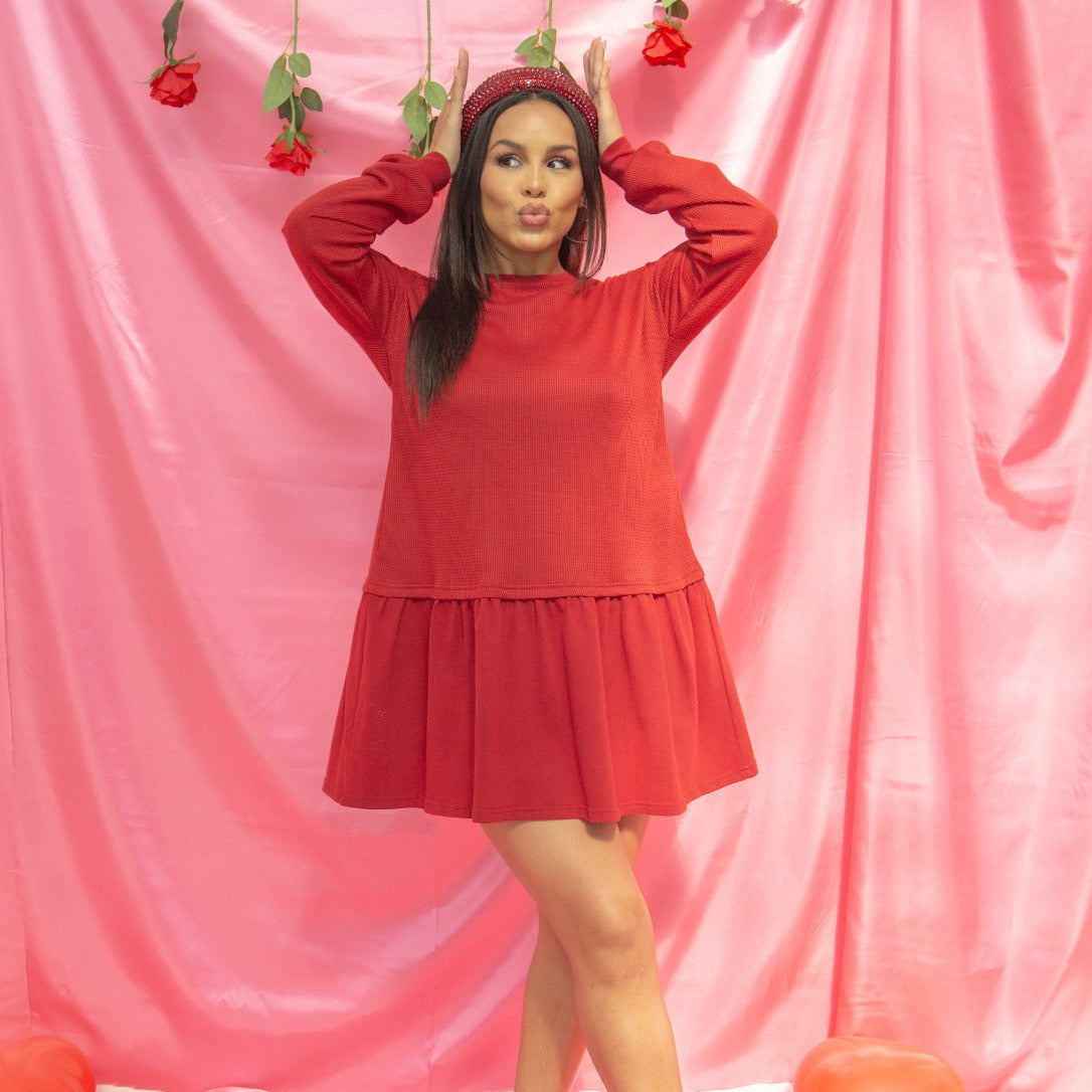 Waffle Knit Long-Sleeve Dress, Red