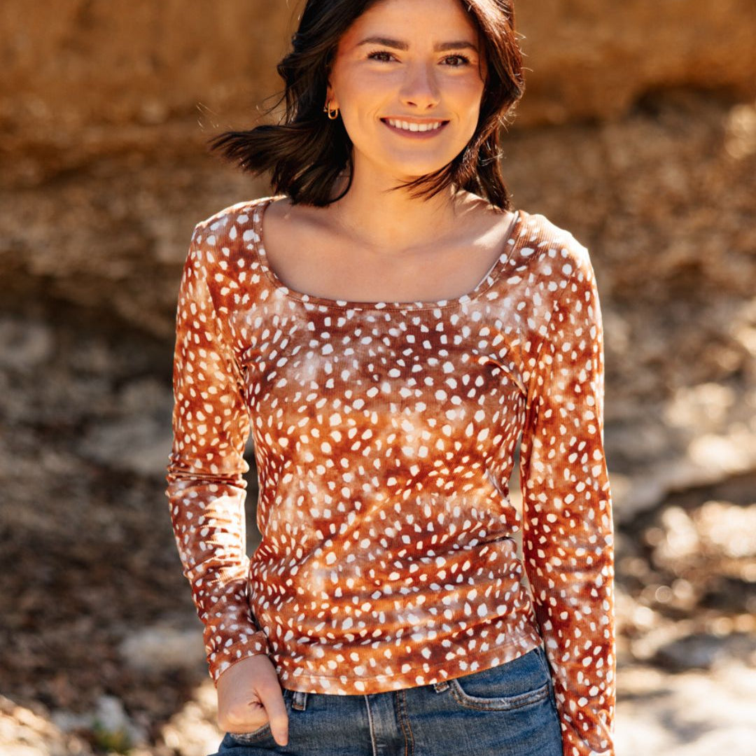 Square Neck Long Sleeve, Deer Print