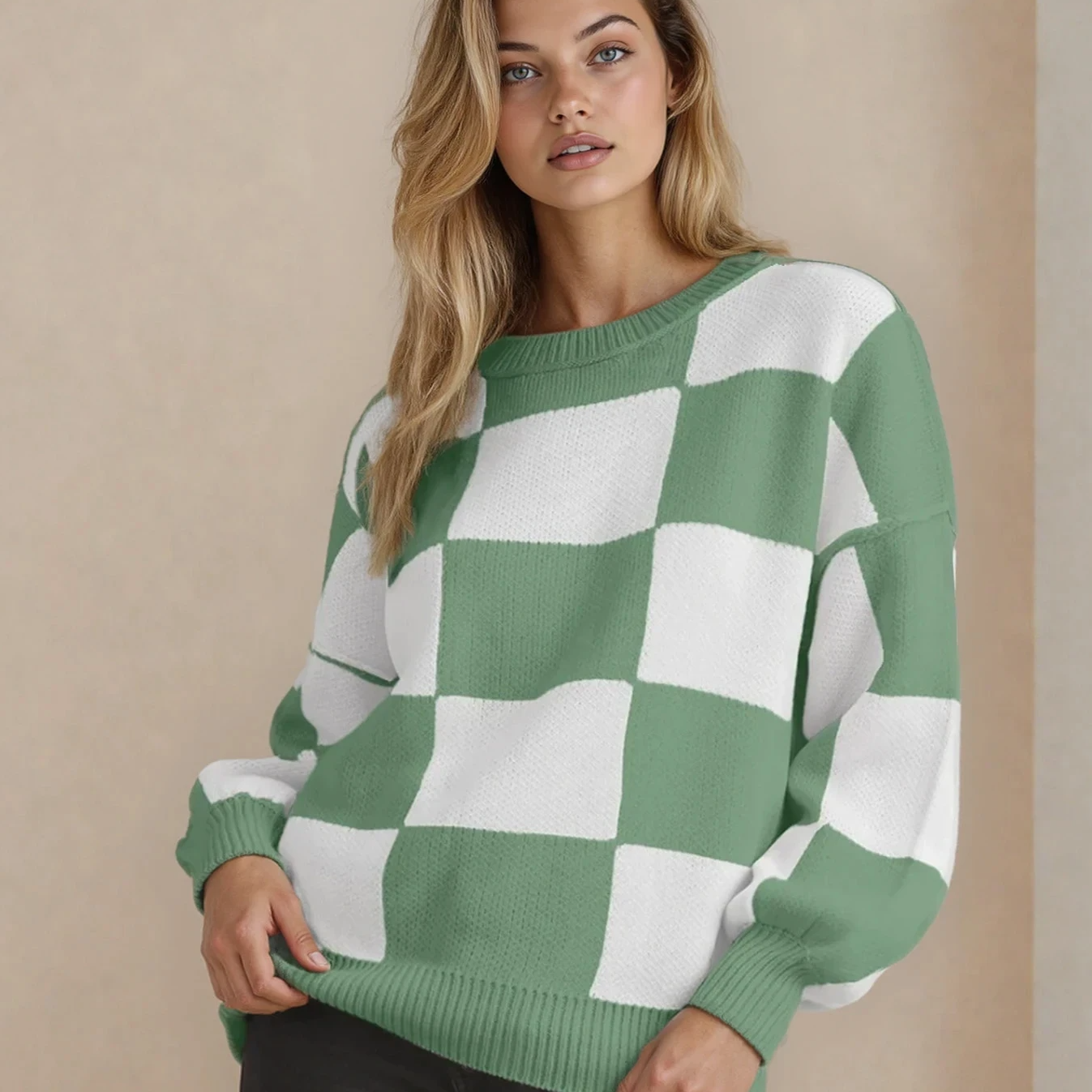 Checkered Crew Neck Sweater - Green
