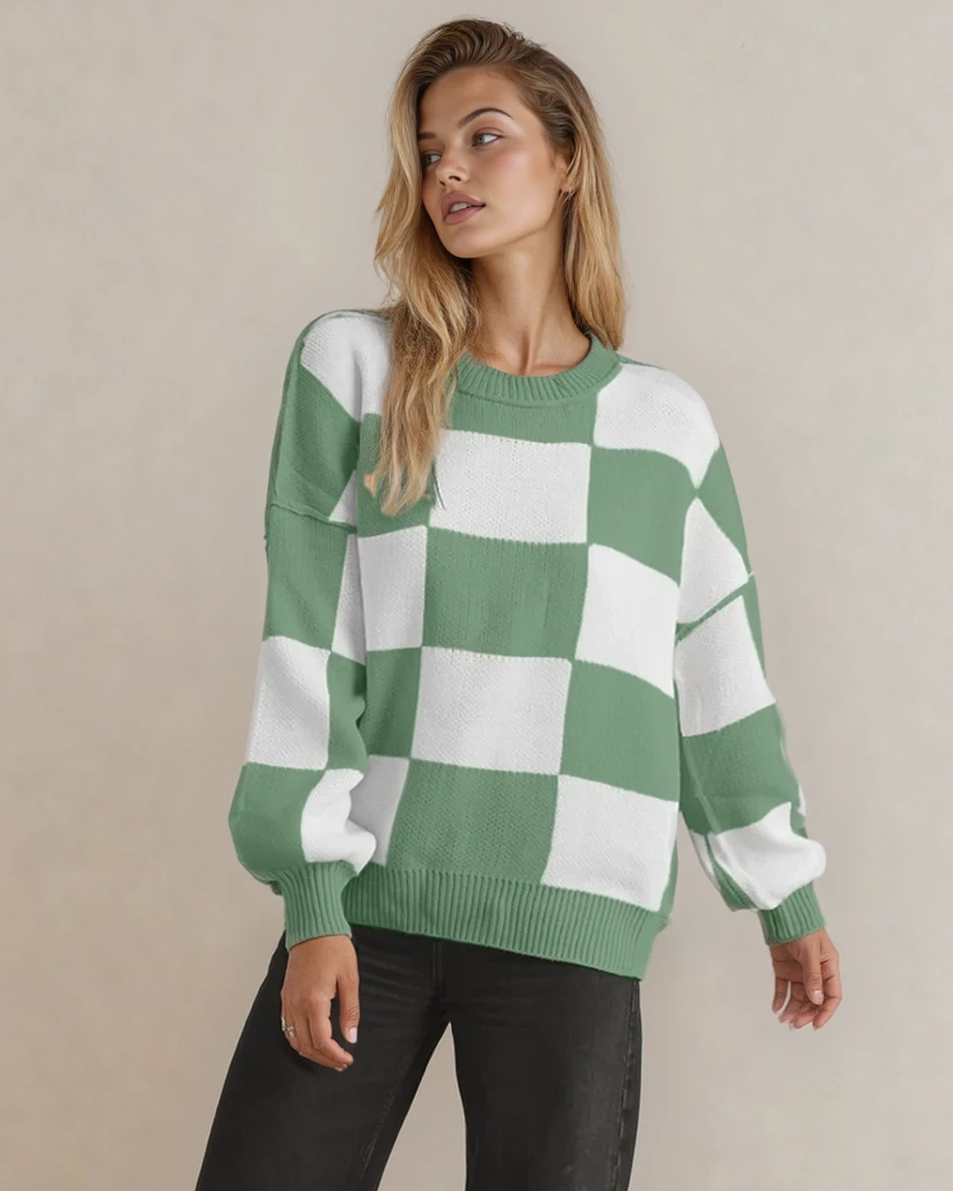 Checkered Crew Neck Sweater - Green