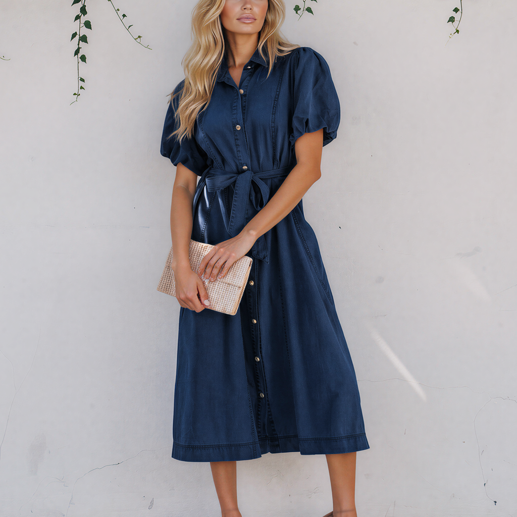 Giselle Collared Short Bubble Sleeve Long Denim Dress