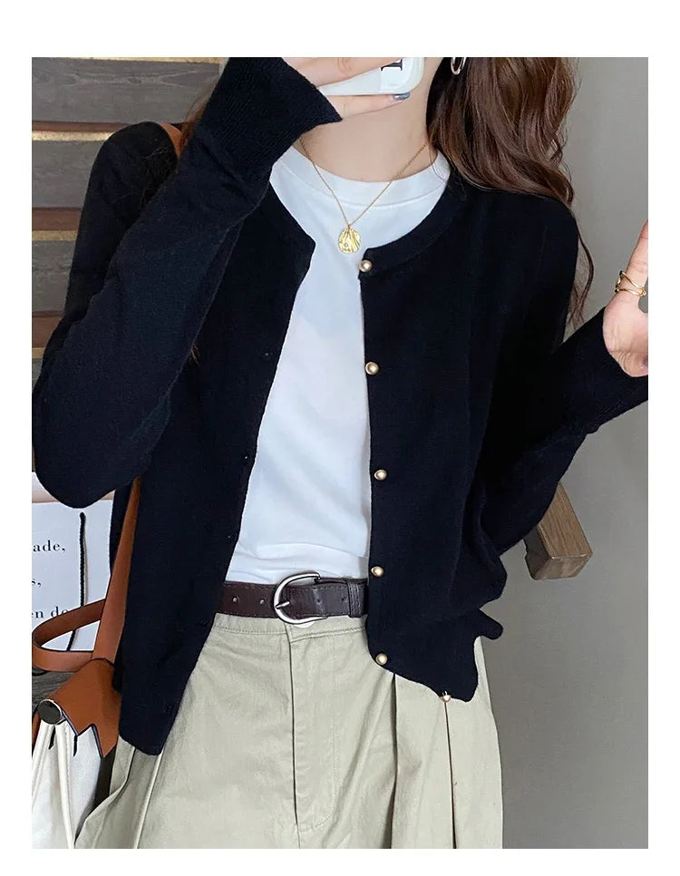 Women Cardigan Korean Single Breasted Long Sleeve Jumper Woman Round Neck All Match Cardigans Outwear