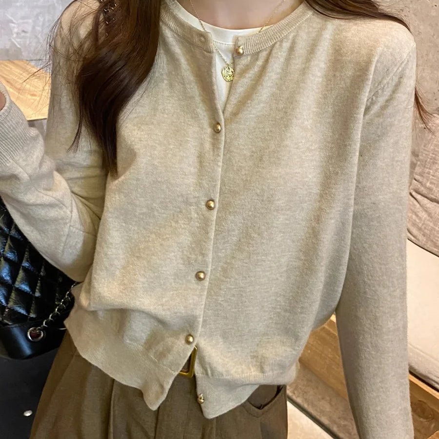 Women Cardigan Korean Single Breasted Long Sleeve Jumper Woman Round Neck All Match Cardigans Outwear