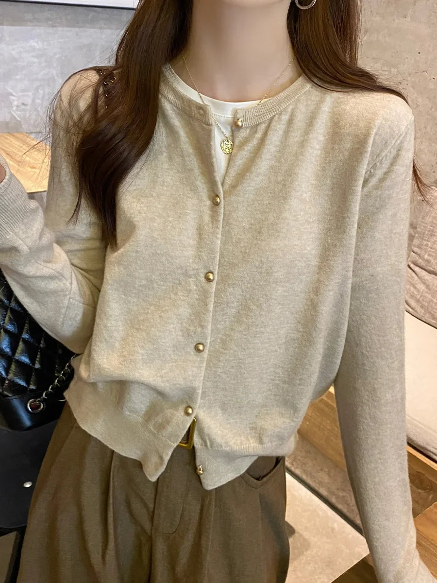 Women Cardigan Korean Single Breasted Long Sleeve Jumper Woman Round Neck All Match Cardigans Outwear