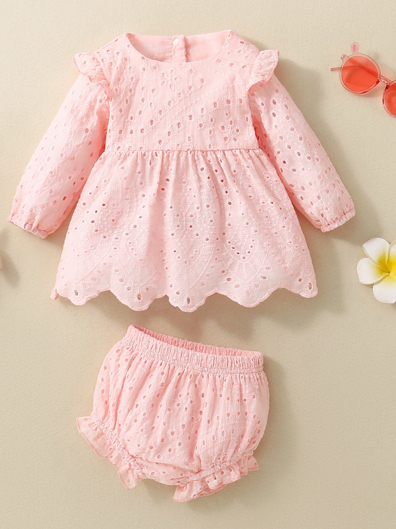 Children's Eyelet Embroidered Ruffled Top and Shorts Set