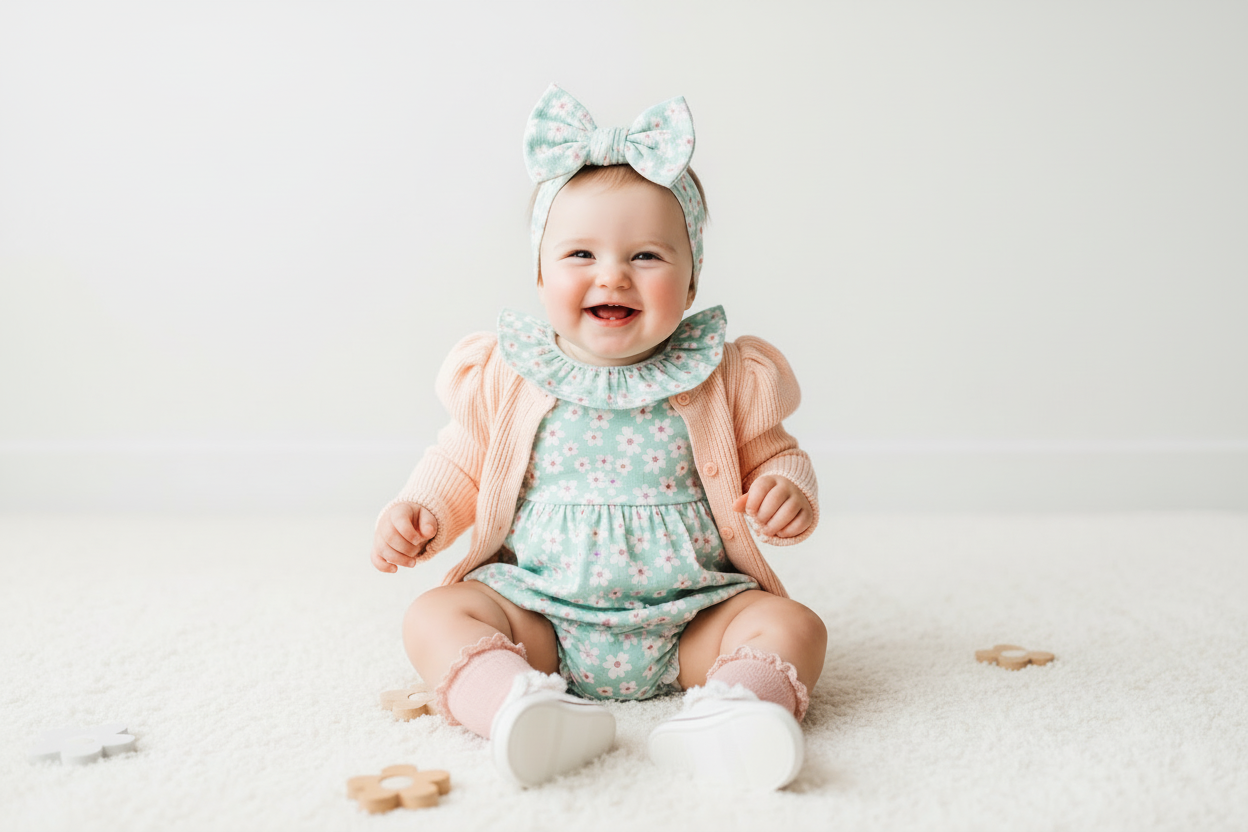 baby girl in a trendy spring outfit with plain background