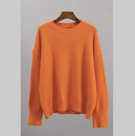 Womens Knitted Crew-neck Solid-color Loose Sweater