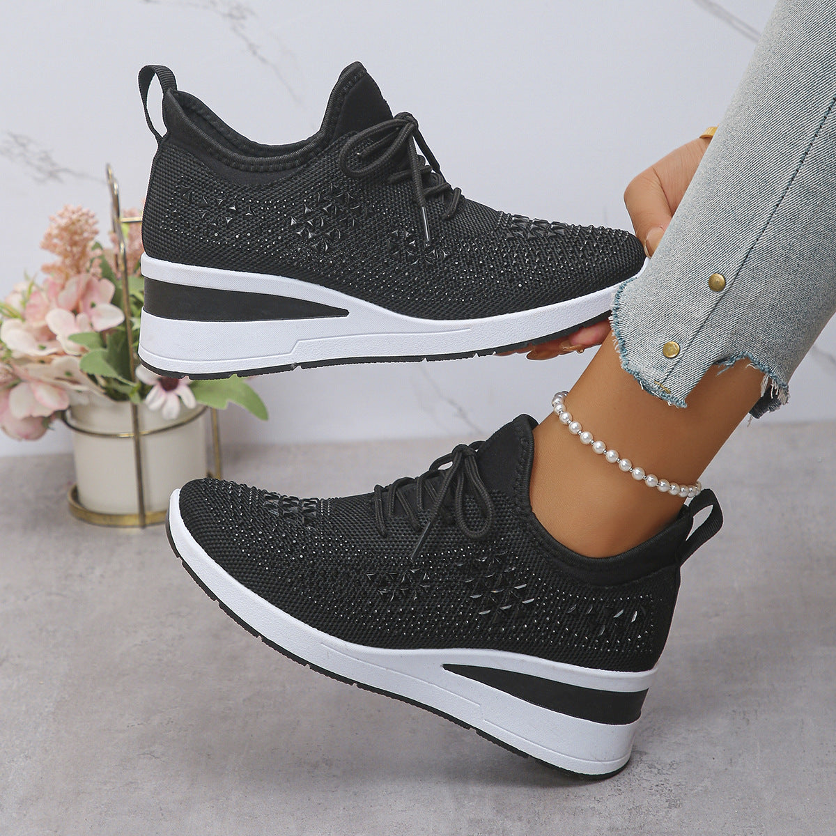 Ins Rhinestone Sneakers Fashion Lace Up Wedges Casual Shoes Women's Daily Commuting Sports Shoes See size chart under “more details”