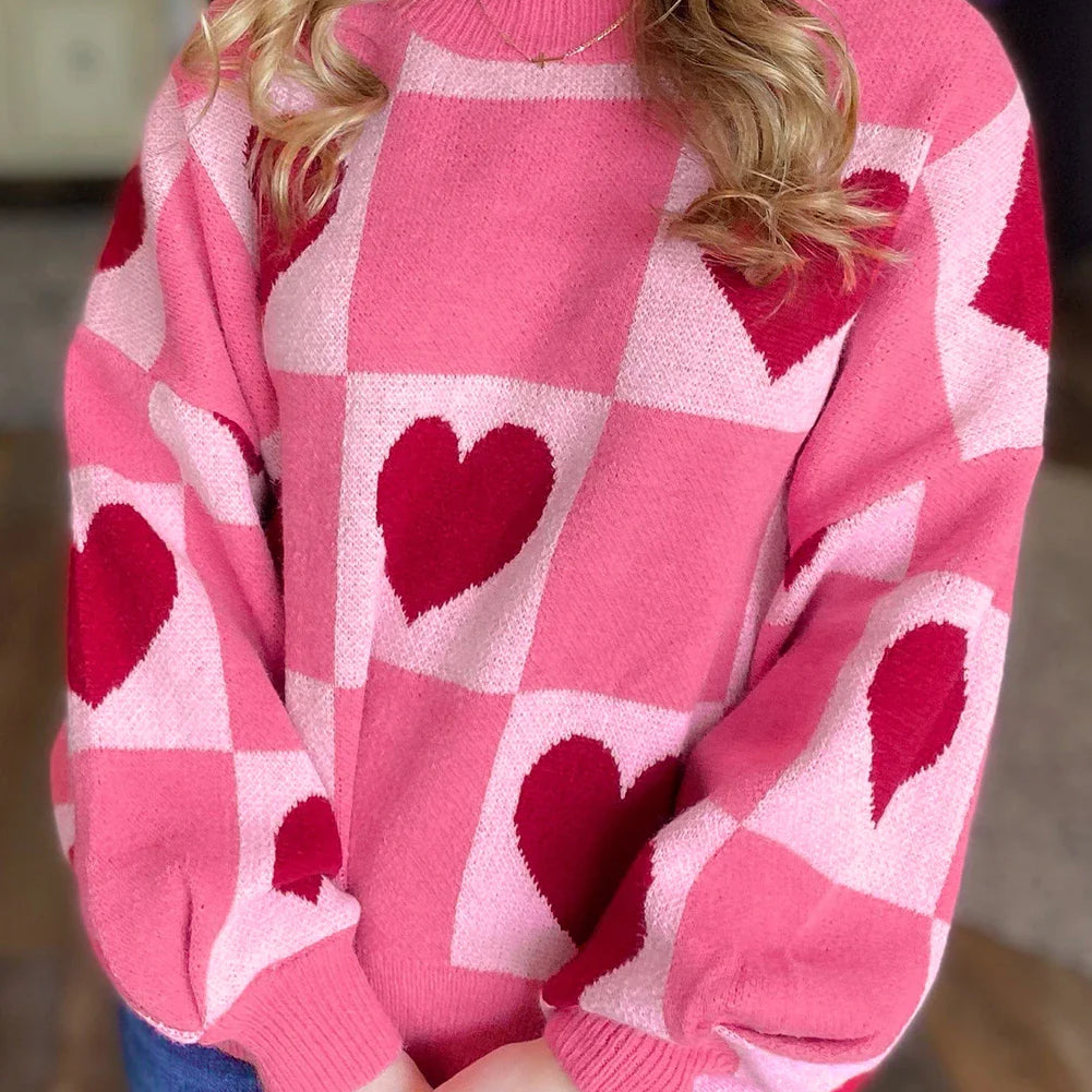 Mae An - Pink & Heart Checkered Valentine Crew Neck Sweater