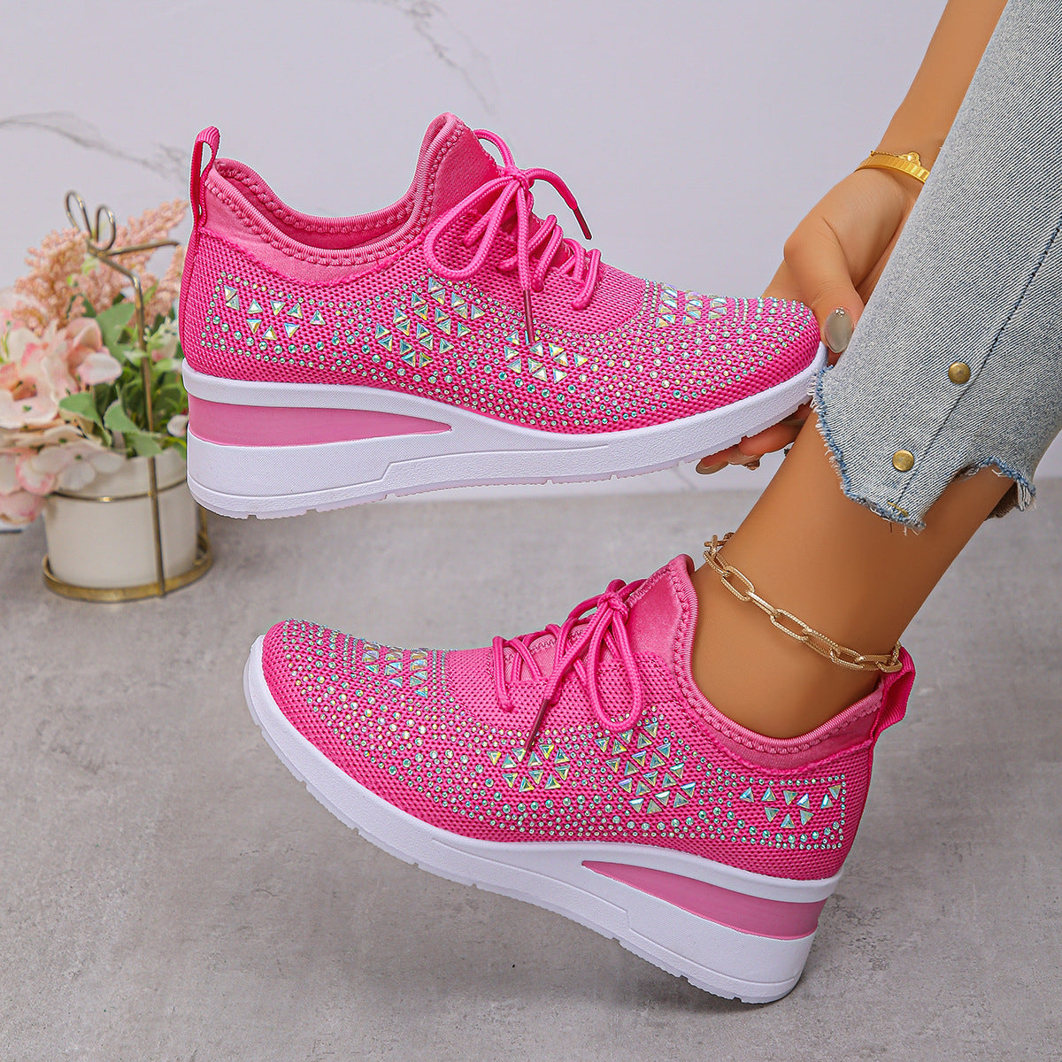 Ins Rhinestone Sneakers Fashion Lace Up Wedges Casual Shoes Women's Daily Commuting Sports Shoes See size chart under “more details”