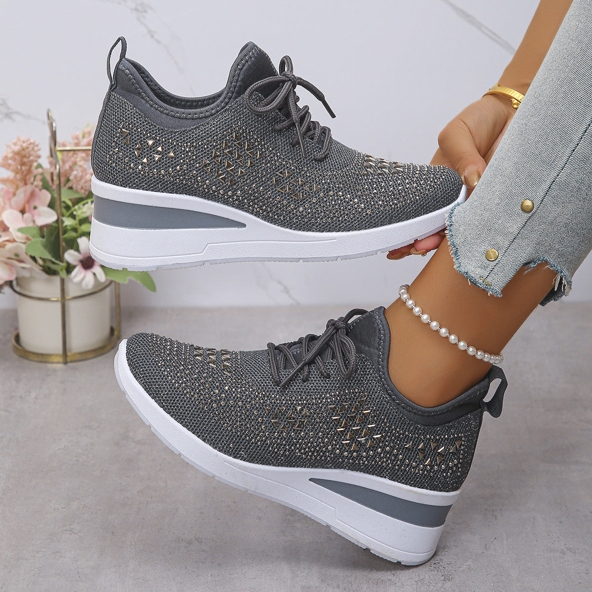 Ins Rhinestone Sneakers Fashion Lace Up Wedges Casual Shoes Women's Daily Commuting Sports Shoes See size chart under “more details”