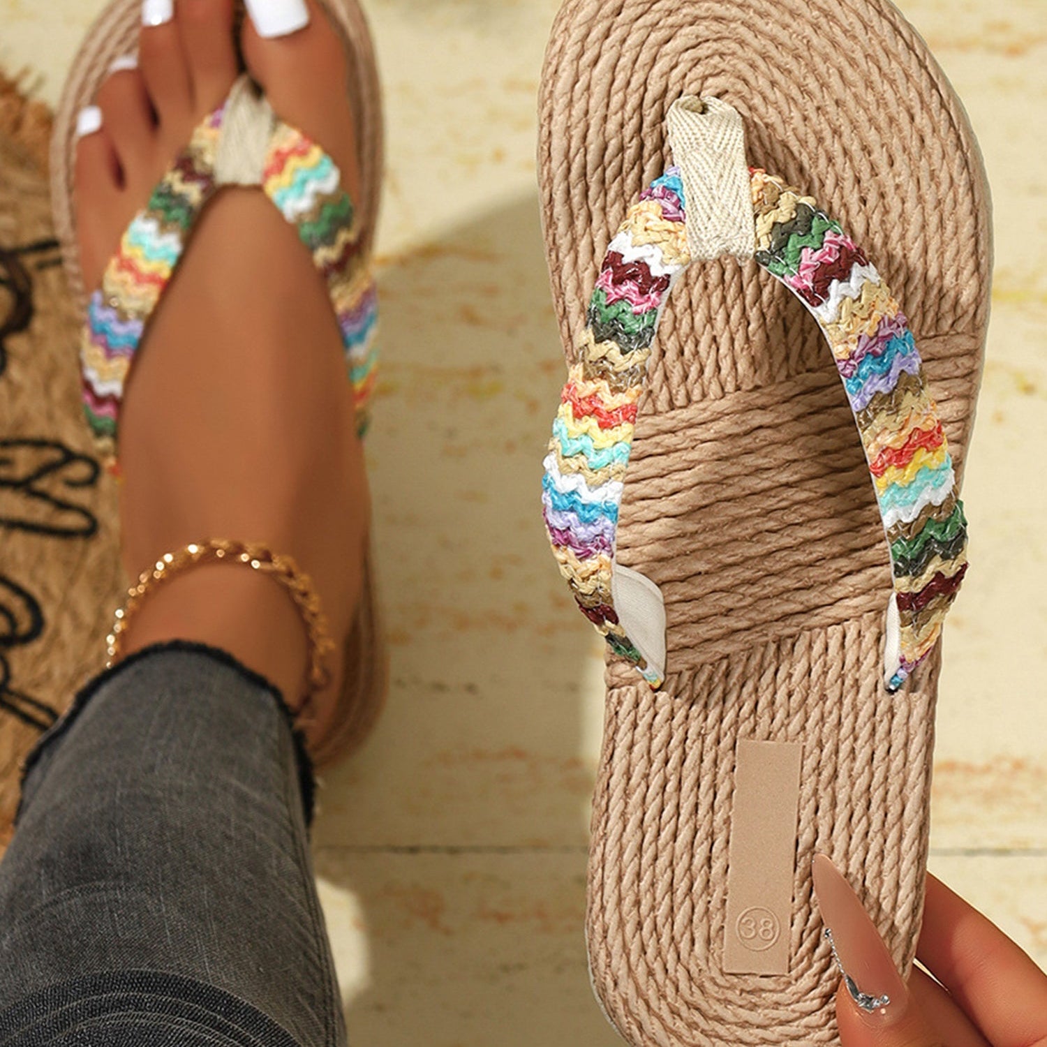 Khaki Bohemian Vacation Straw Woven Rainbow Strap Flip Flops