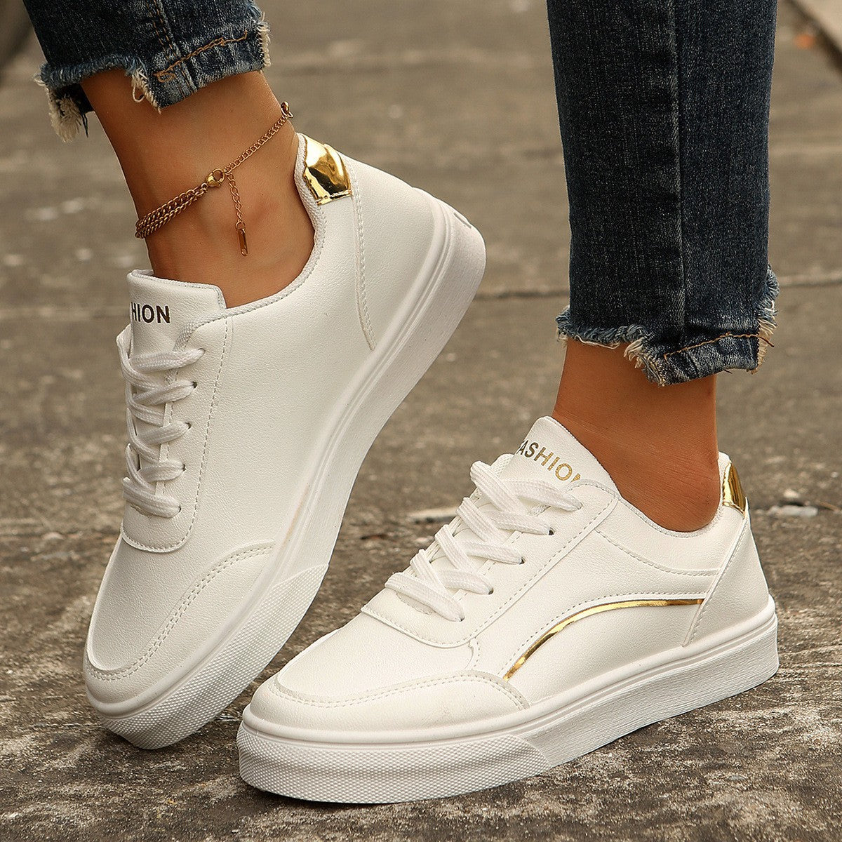 Lace-up White Flats Shoes Fashion Round Toe Slip-on Thick Sole Casual Shoes