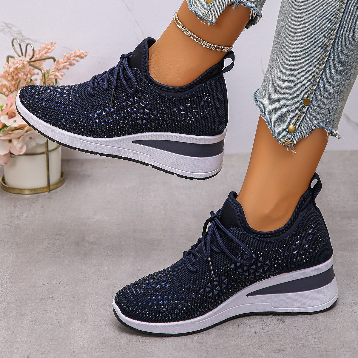 Ins Rhinestone Sneakers Fashion Lace Up Wedges Casual Shoes Women's Daily Commuting Sports Shoes See size chart under “more details”