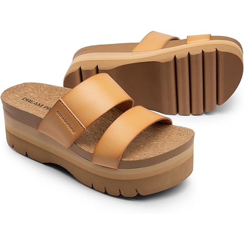 Dream Pairs Womens Size 6.5 Tan 2.5" Wedge Platform Slide Sandal Open Toe Shoes