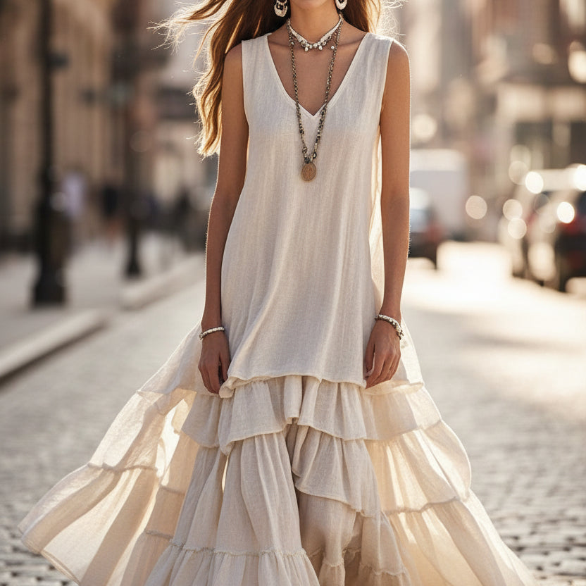 Loose Umbrella Skirt Sleeveless Maxi Dress | Cotton-Linen Style